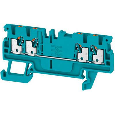 Blue terminal block with four connection terminals, each with metal clips. Suitable for electrical wire connections in control cabinets.