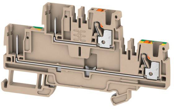 Plastic terminal block with metallic components, side lever mechanism and visible wiring channel, against a white background.