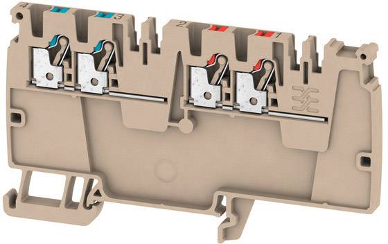 Grey-brown terminal block with blue and red markings on top; two levers for wire securing visible.