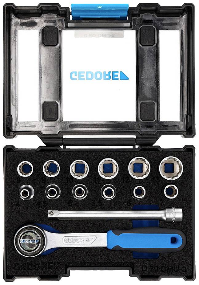 Tool kit with ratchet, ten socket sizes in various dimensions, extension bar and spanner. Brand name 'GEDORE'.