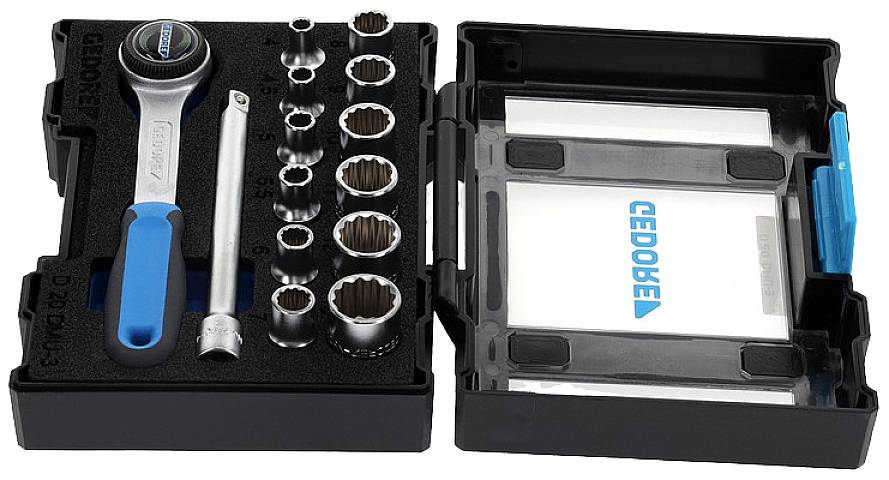 A tool set in a black box, consisting of a ratchet, extension and several sockets.