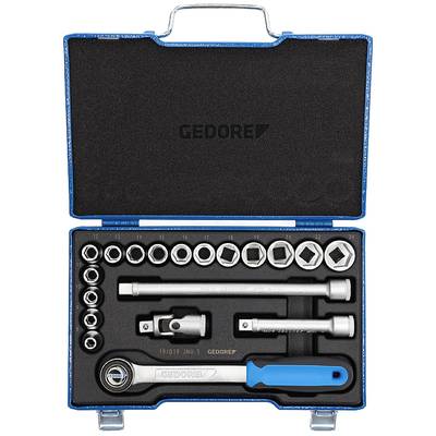 Tool set with various socket wrenches, extensions, and a ratchet, organised in a blue plastic box.