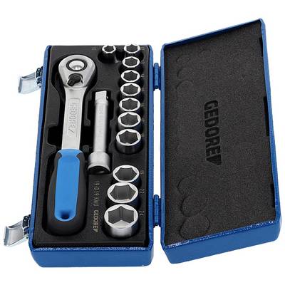 An open blue tool case with a ratchet spanner and several socket wrenches in various sizes.