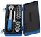 An open blue tool case with a ratchet spanner and several socket wrenches in various sizes.