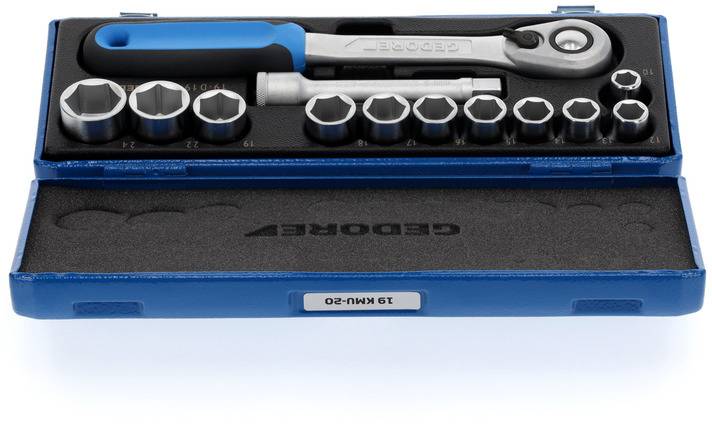 Ratchet spanner set with various sockets in a blue case. Ideal for mechanical work and repairs.