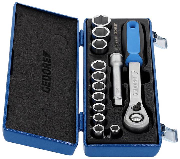 Open blue toolbox with a ratchet, extension and various socket wrenches, arranged in a foam insert.