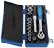 Open blue toolbox with a ratchet, extension and various socket wrenches, arranged in a foam insert.