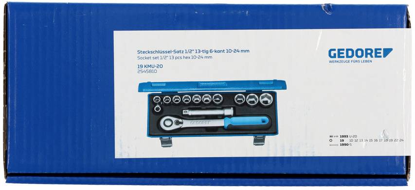 Gedore tool kit with a wide range of socket inserts, ratchet and extension. Packaging displays the product image.