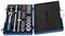 'Set of socket keys in a blue case, comprising various nuts, a ratchet and extensions, organised in a foam bed.'