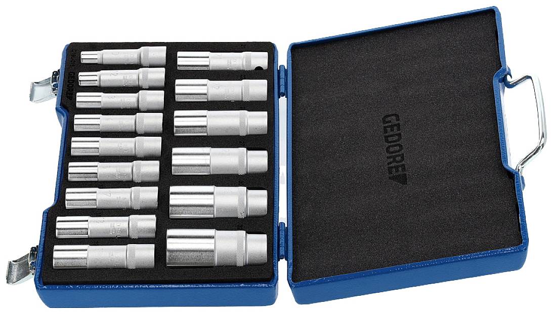An open toolbox with several metallic socket wrenches neatly stored in foam. The 'GEDORE' label is visible.