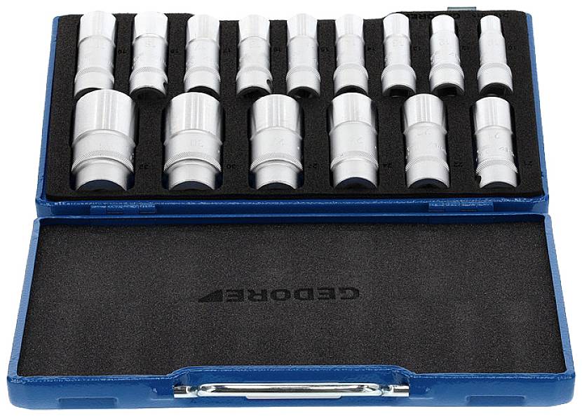 Socket wrench set in an open blue case, comprising various sizes of sockets, suitable for mechanical work.