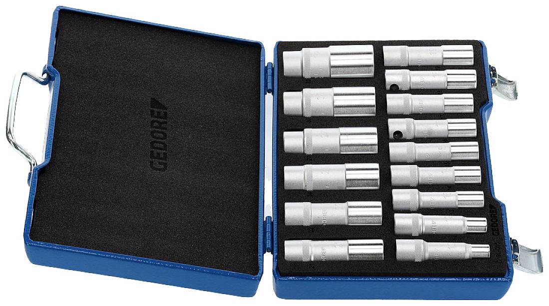 An open blue toolbox displays several socket wrenches in an organised arrangement.