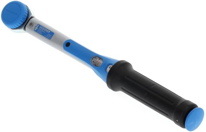 A blue and black torque wrench with an ergonomic handle and digital display, suitable for precise assembly work.