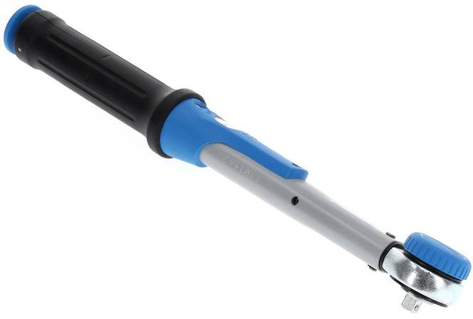 Torque wrench with blue and black handle, designed for precise tightening of bolts and nuts in vehicle repairs.