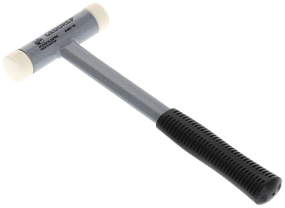 A soft-face hammer with a plastic head and rubber-coated grip, used for safe hammering without damaging the material.