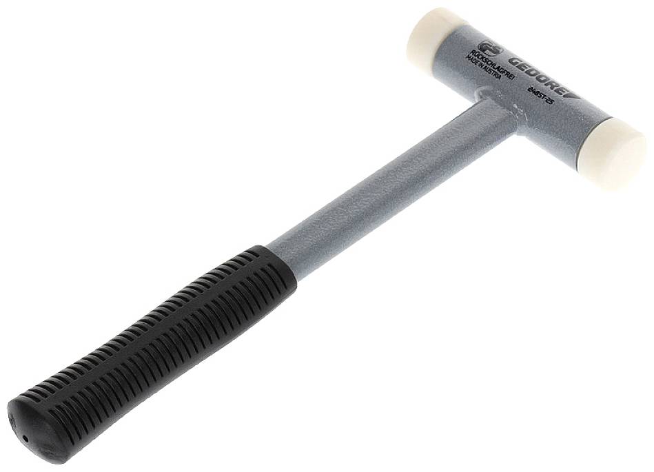 A robust plastic hammer with a rubber-gripped handle and white striking surfaces for precise and gentle working.