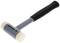 Plastic hammer with a black handle. Green rubber sides on the head.