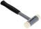 A grey-headed rubber mallet with a black handle is lying on a white background.