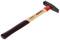 Hammer with a wooden handle and red shaft, metal head with a smooth and wedge-shaped side.