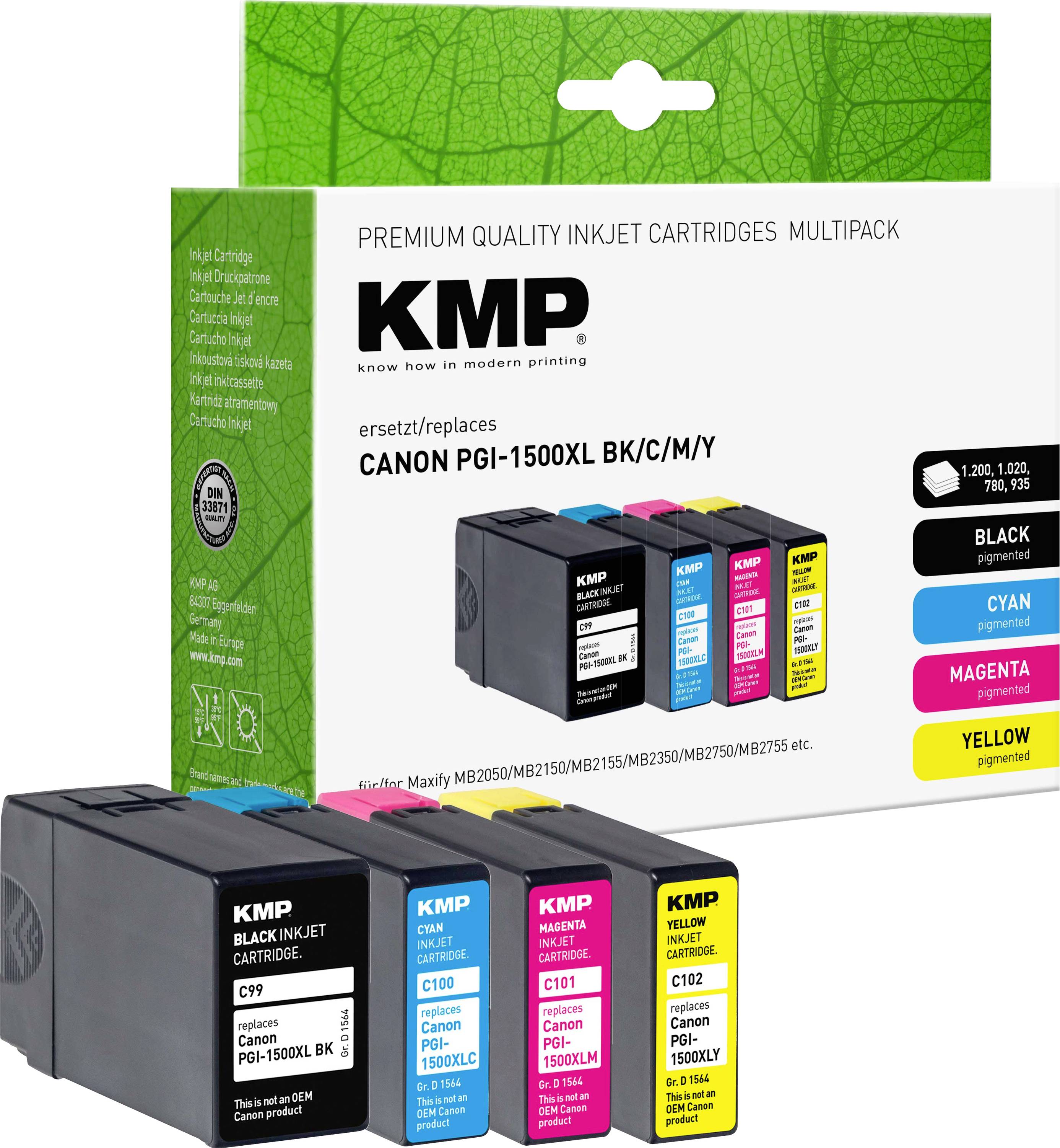 KMP Ink cartridge replaced Canon PGI-1500BK XL, PGI-1500C XL, PGI-1500M XL, PGI-1500Y XL Compatible Set Black, Cyan, Magenta, Yellow C99V 1564,0050