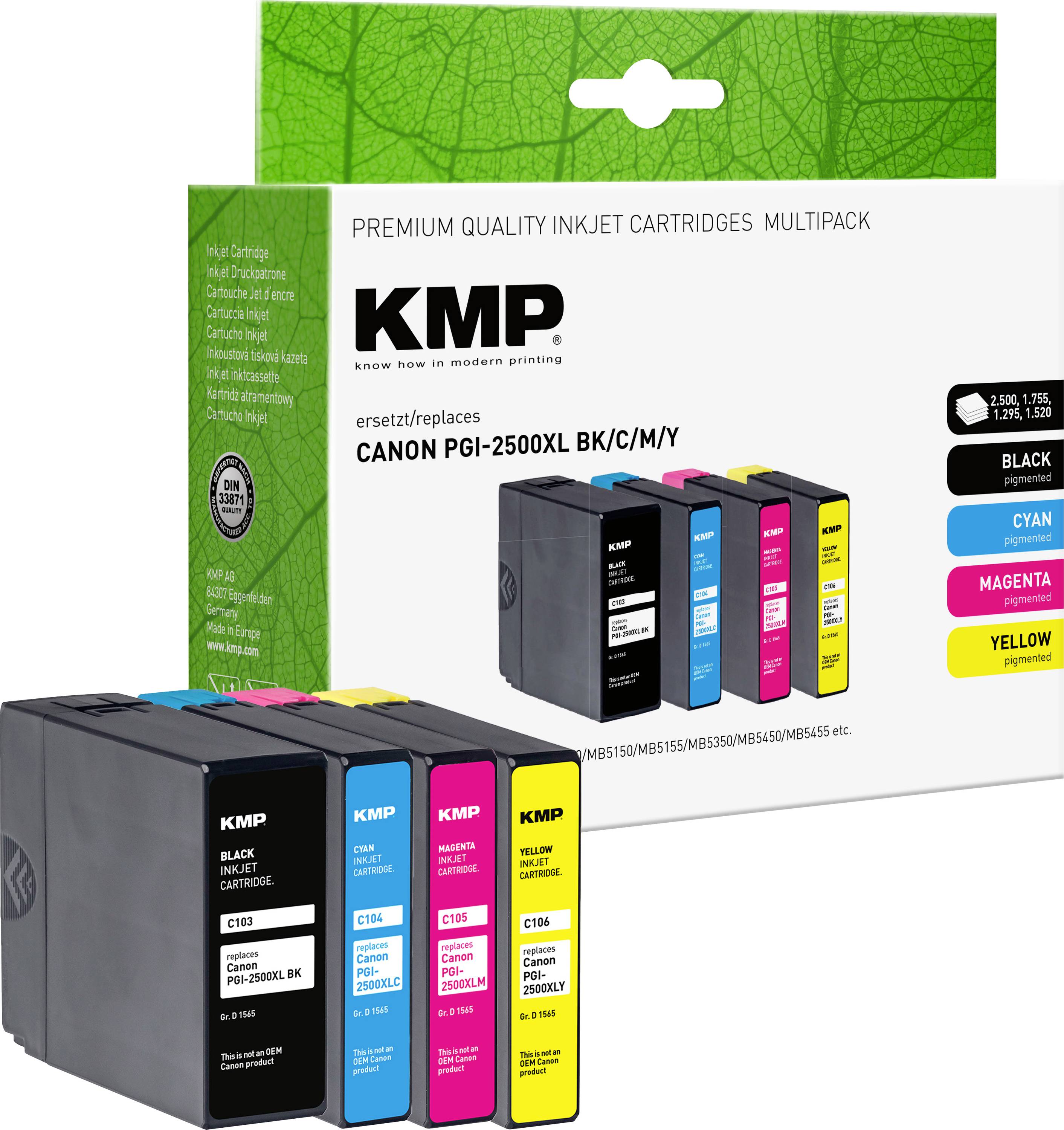 KMP Ink cartridge replaced Canon PGI-2500BK XL, PGI-2500C XL, PGI-2500M XL, PGI-2500Y XL Compatible Set Black, Cyan, Magenta, Yellow C103V 1565,0050