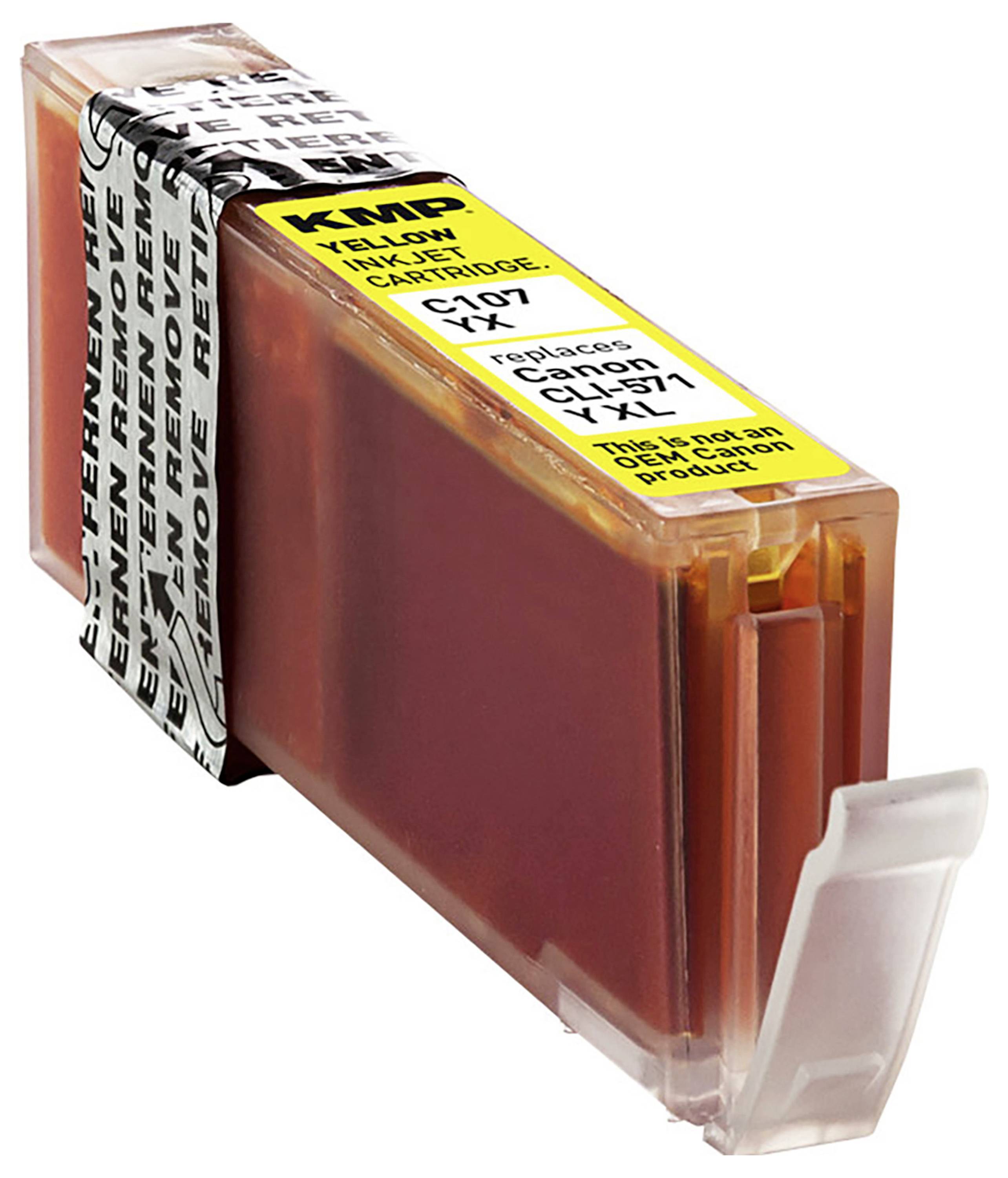 Ink cartridge labeled 'KMP C-107' and 'replaces Canon CLI-571 Y', featuring a yellow sticker on the top with installation and replacement details.