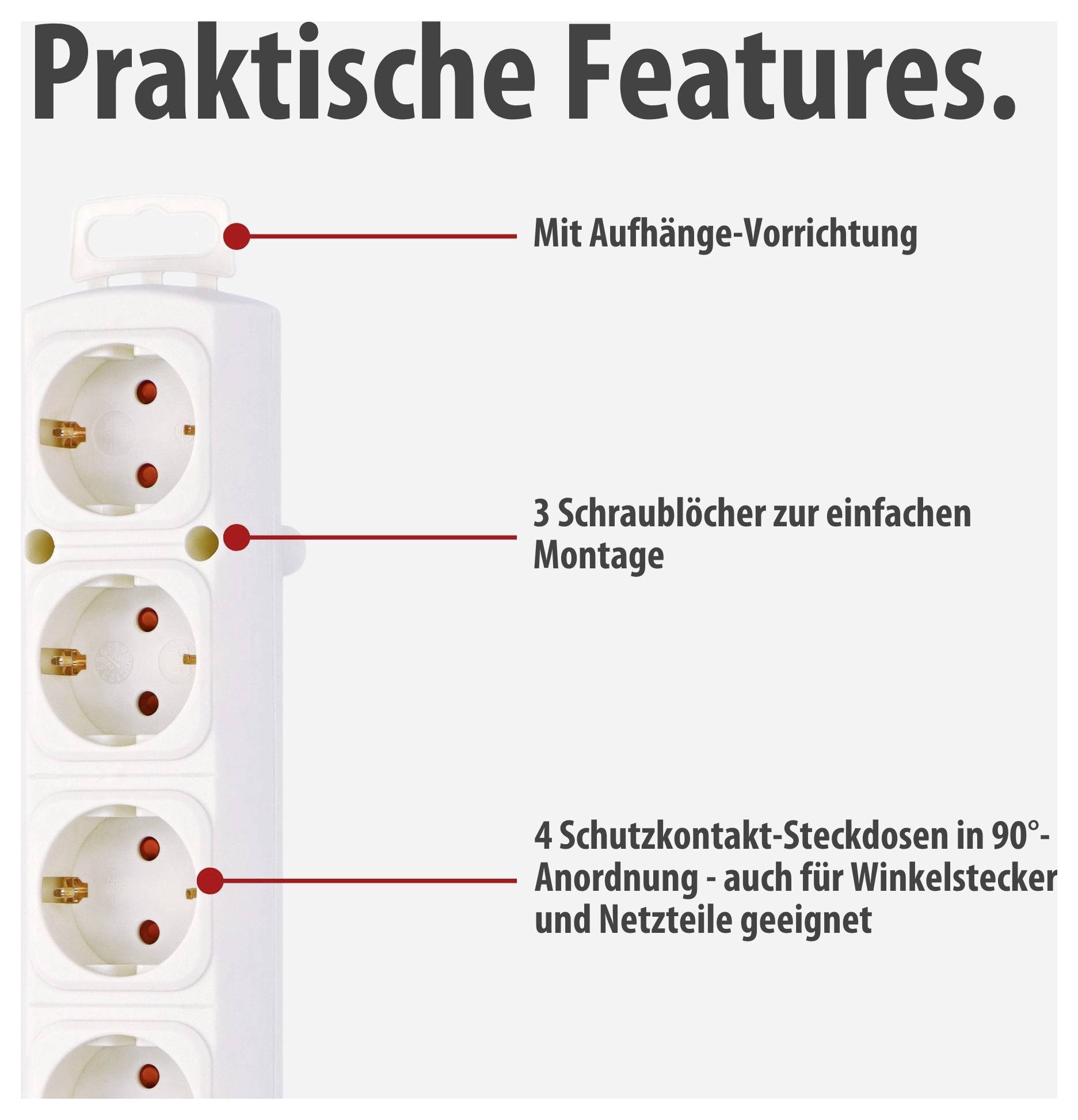Infographic "Practical Features" of a Multiple Socket Outlet: Hanging device, 3 screw holes and 4 protective contact sockets arranged at 90° angles for angled plugs and power supplies.