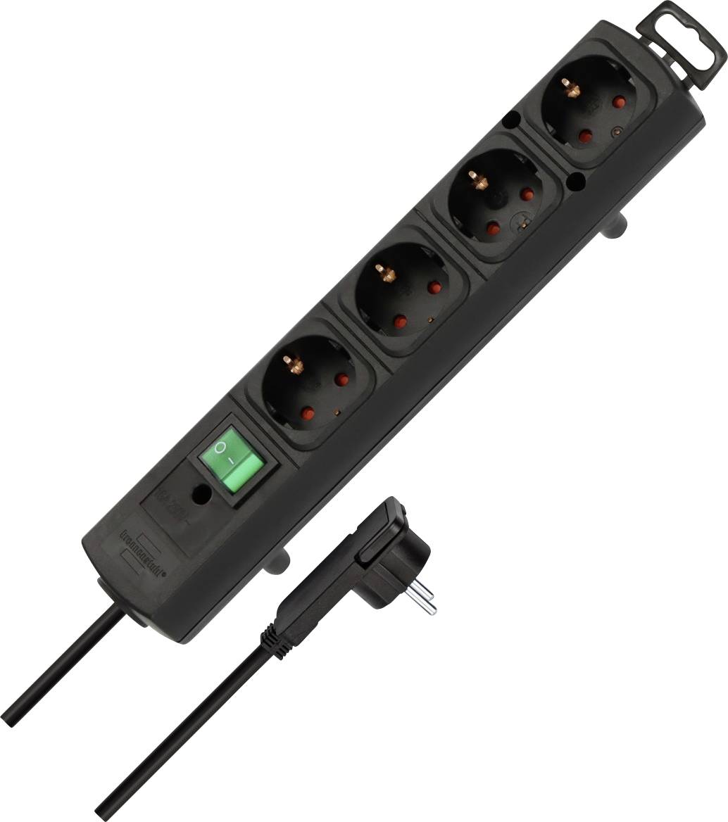 Black power strip with five outlets, a green on/off switch, and a two-prong plug on a white background.