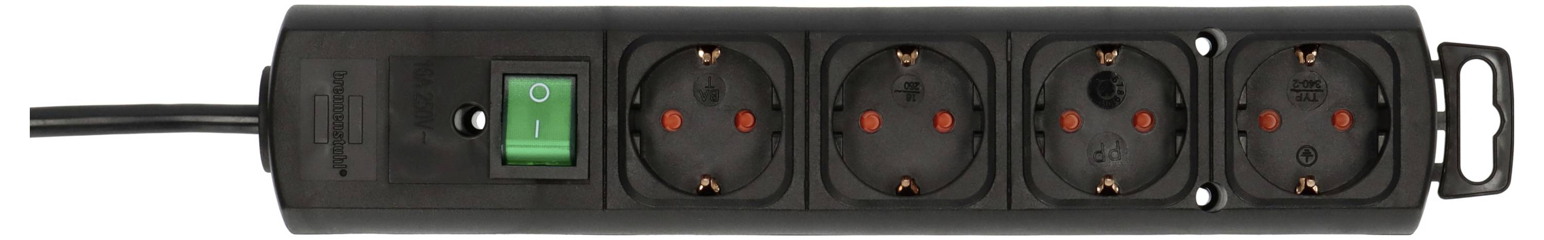 Black power strip with four European outlets, a green on/off switch, and a mounting bracket on the right side.