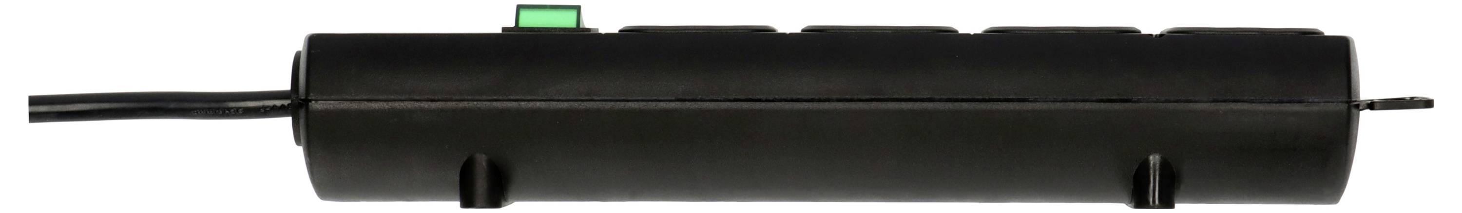 Black cylindrical inflatable boat fender with a rope line passing through it, shown horizontally on a white background.