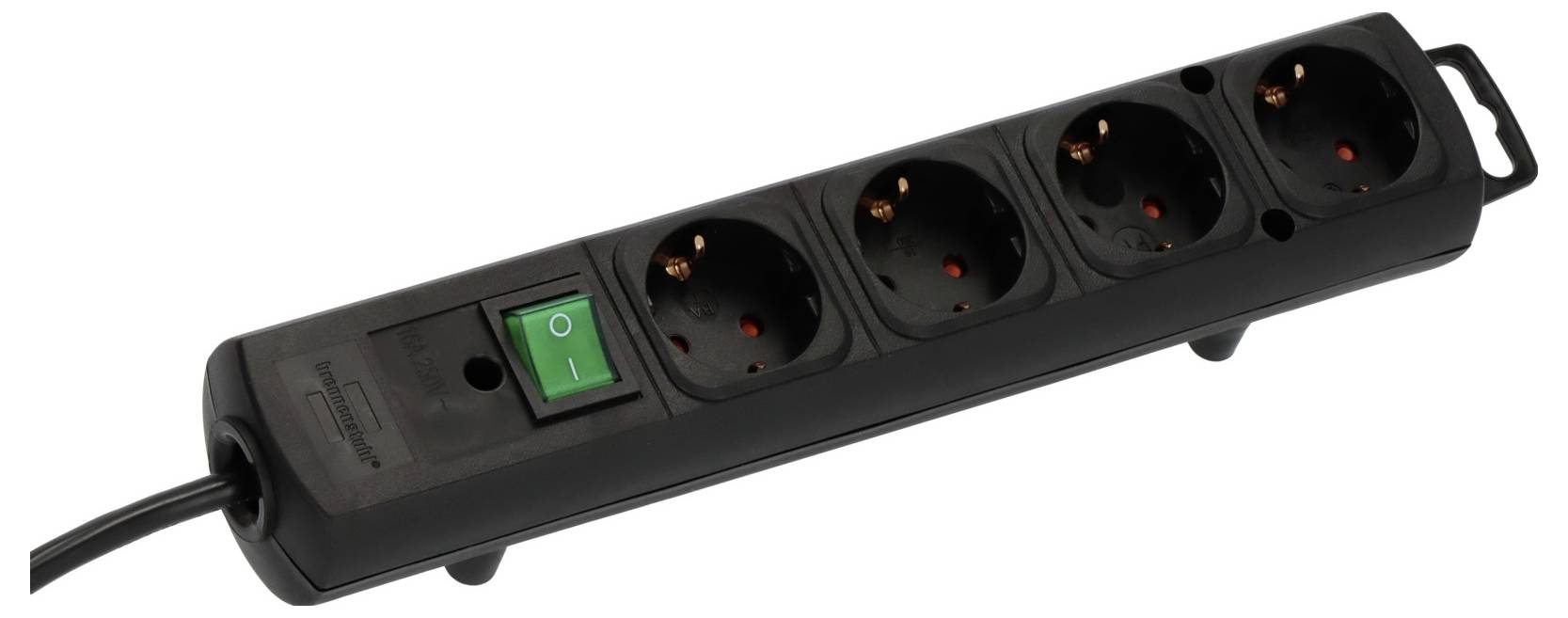 Black power strip with six outlets and a green on/off switch, shown with a connected power cord.