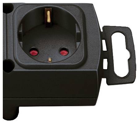 Black electrical wall outlet adapter with grounded socket and side mounting tab, shown on a white background.