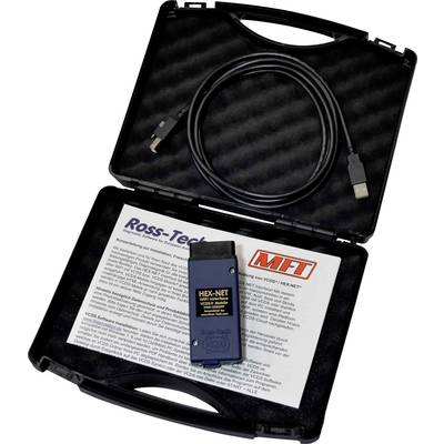 Portable diagnostic scanner 'HEX-NET' for cars in an open case with USB cable and manual.