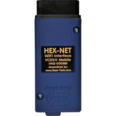 Blue device with the inscription 'HEX-NET WiFi Interface VCDS Mobile HN2-000881 Assembled by: www.Ross-Tech.com'.