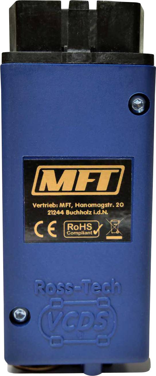 A blue diagnostic device with the inscription 'Ross-Tech VCDS' and 'MFT'. It has two screws and several certification logos.