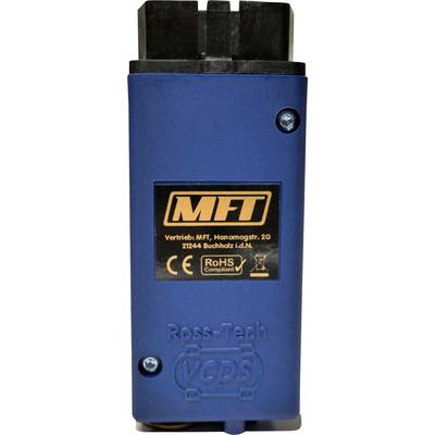 A blue diagnostic device with the inscription 'Ross-Tech VCDS' and 'MFT'. It has two screws and several certification logos.