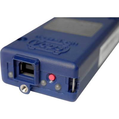 A blue electronic device with a USB port and a red indicator light, likely for data connection or power supply.