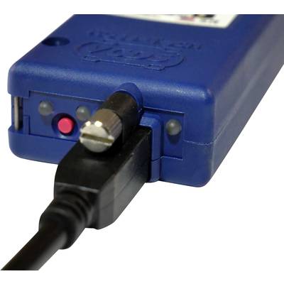 A blue electronic device with a connected black cable and red button, possibly a measuring instrument or sensor.
