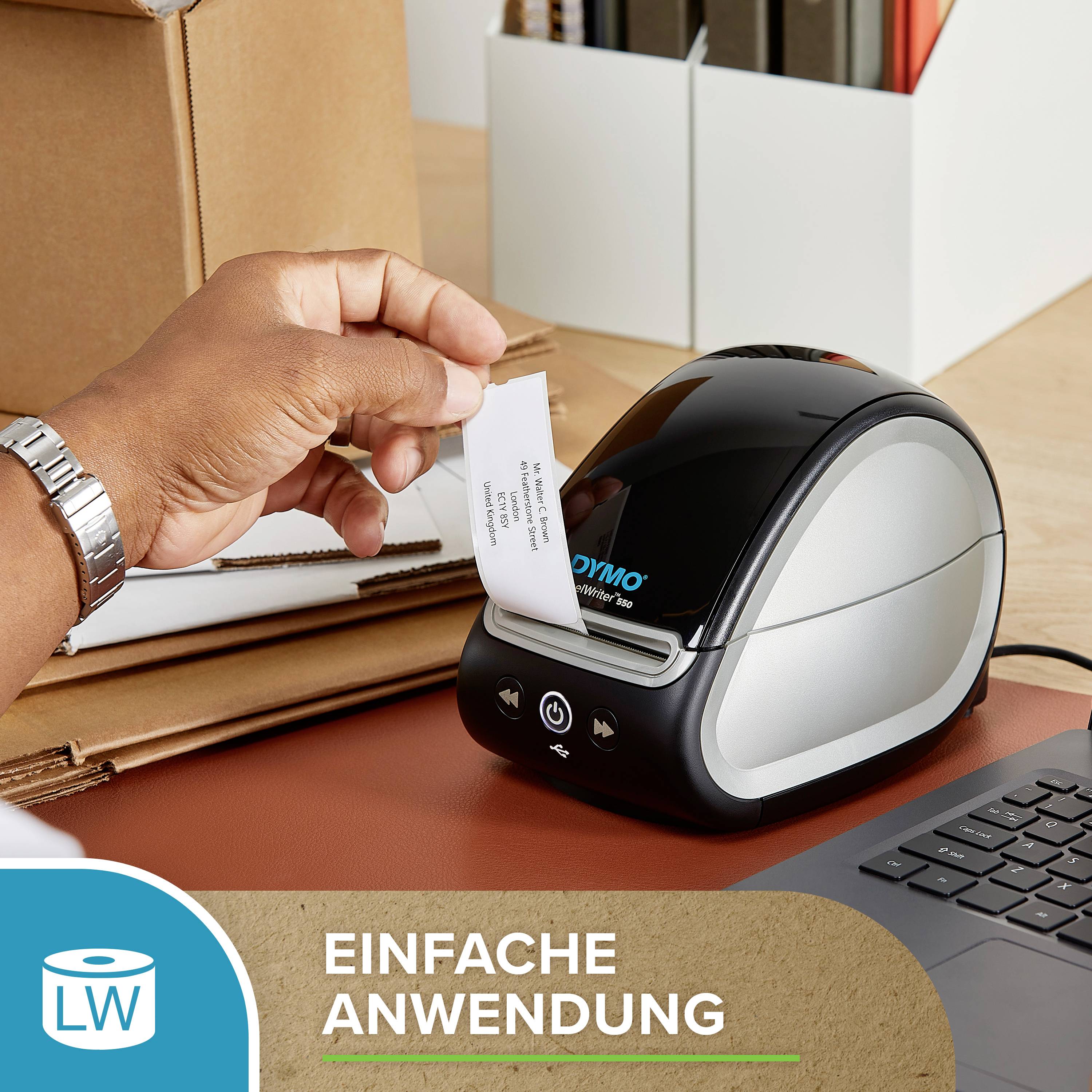 A hand operates a labelling device and prints a label. Below it, the text 'SIMPLE APPLICATION'. Loose sheets in the background.