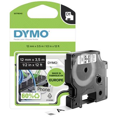 DYMO printer label cassette, 12 mm x 3.5 m, black on white, for telephones. Packaging shows cassette and 'MADE IN EUROPE'.