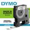 A black DYMO label cassette with print 'Black on White'. Text 'Made in Europe, Belgium' and 'For Dymo LabelManager'.
