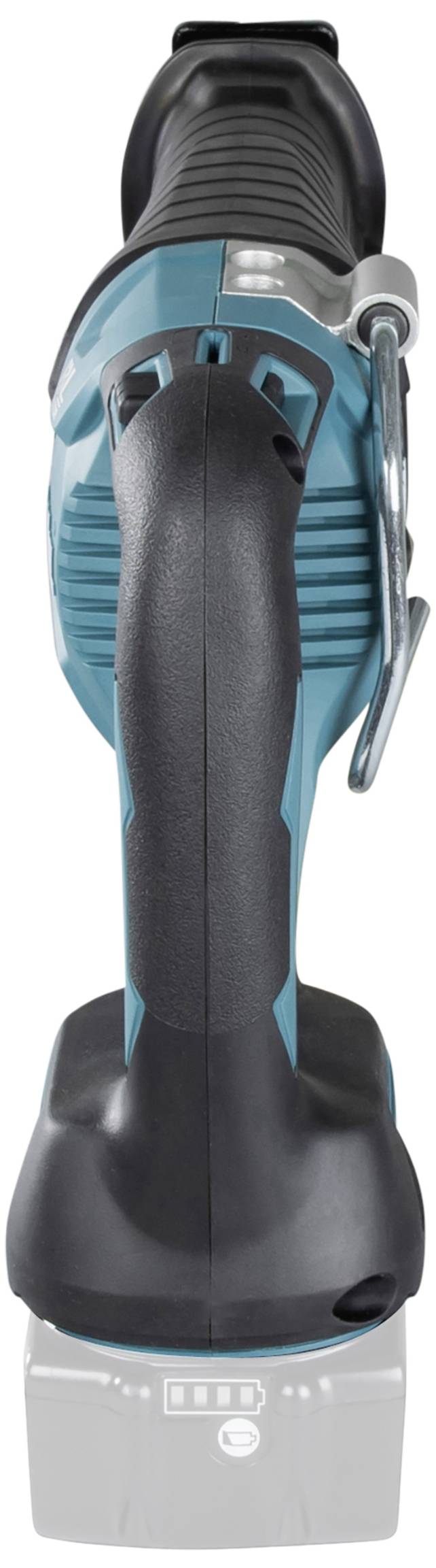 Cordless reciprocating saw in blue and black, front view, part of a tool.