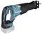 Battery-powered reciprocating saw in blue and black, Makita brand. Device with 18V battery, robust handle, and metal saw blade. Ideal for construction work.