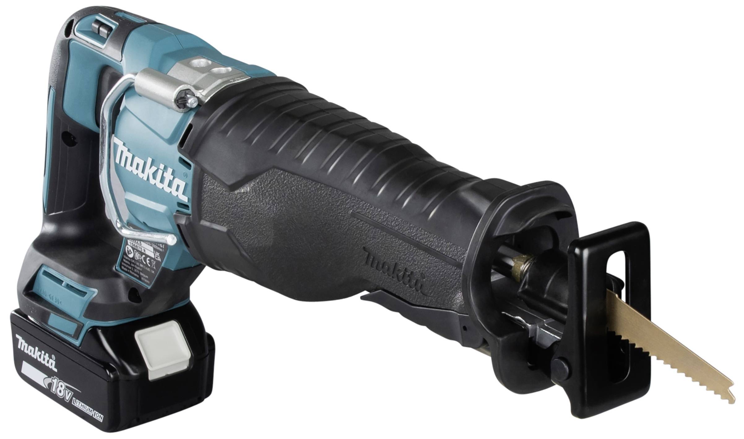 A blue and black cordless electric hand saw, suitable for various cutting tasks.
