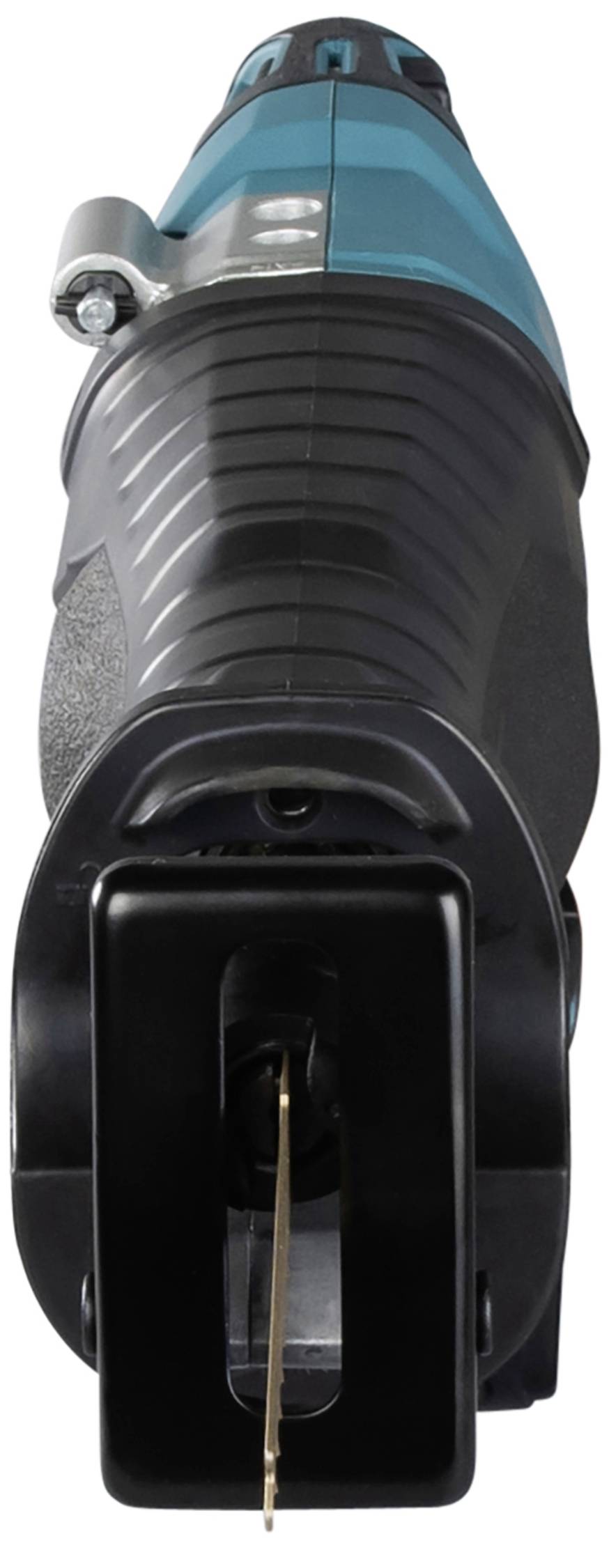 Reciprocating saw in close-up, black and blue, with serrated blade.