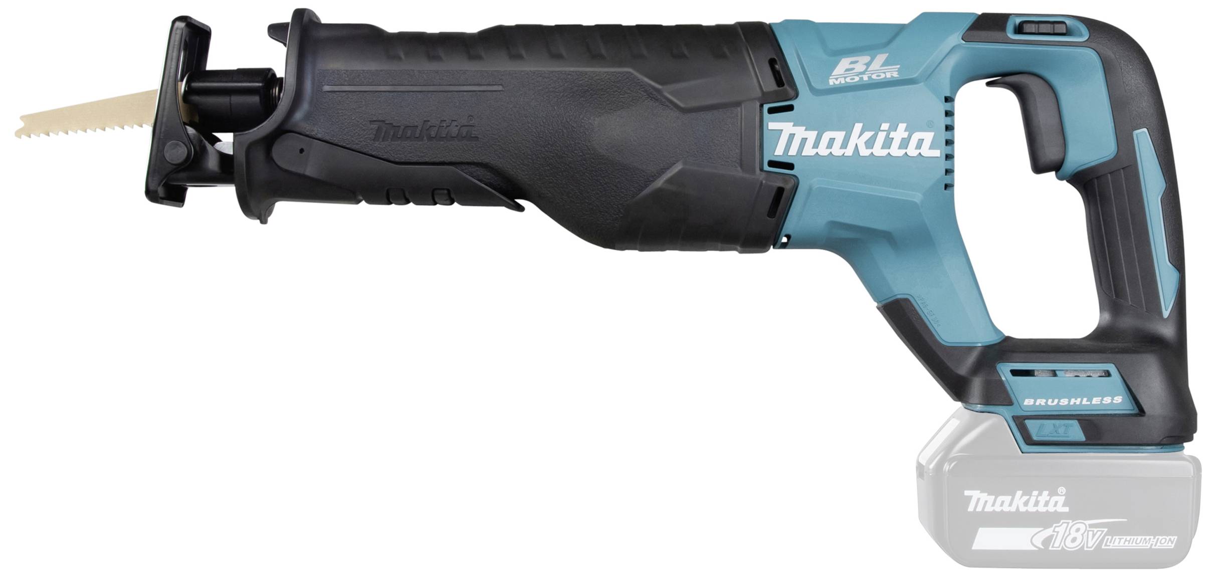 A black and blue cordless reciprocating saw with an ergonomic handle, suitable for versatile cutting tasks.