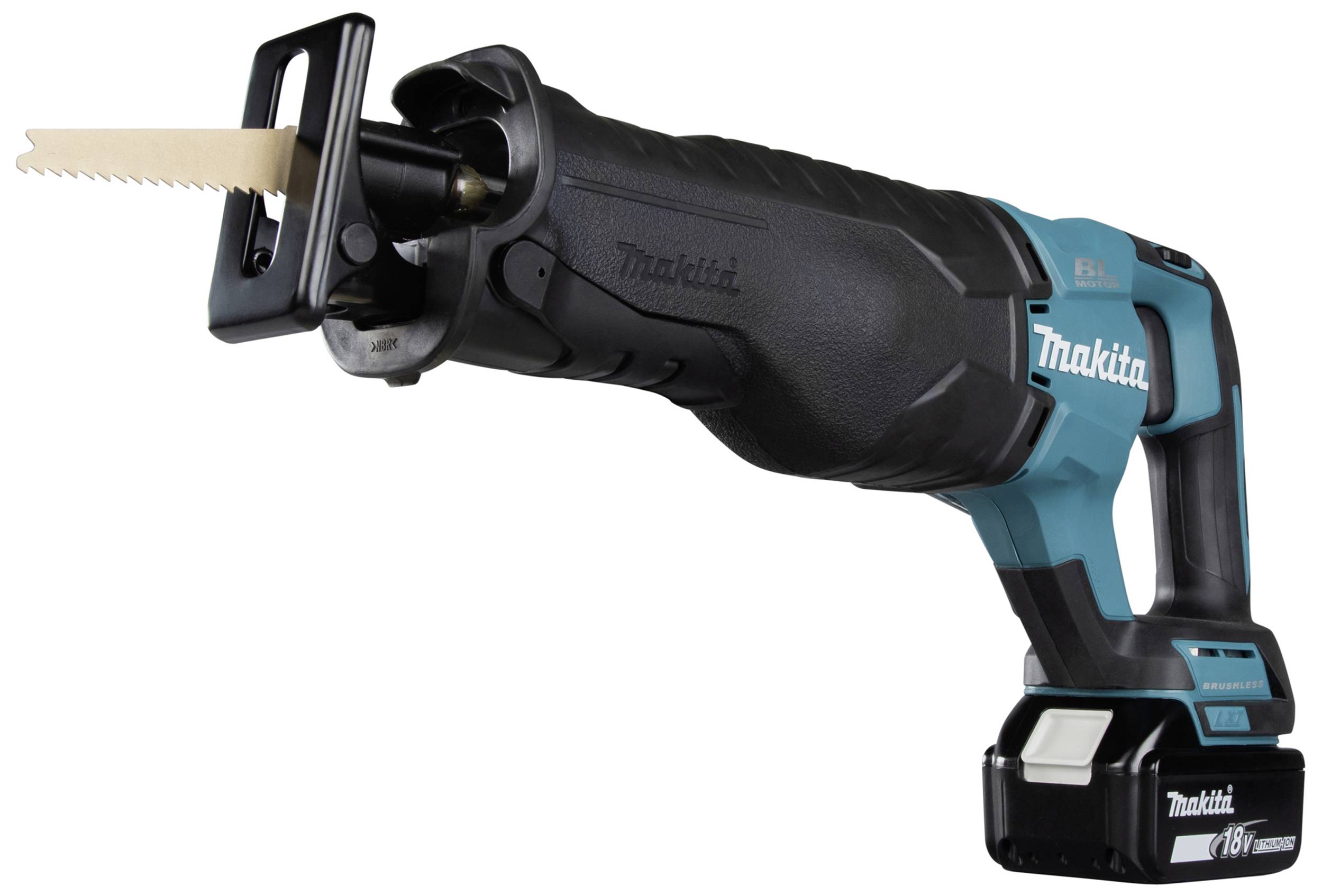 Reciprocating saw with brushless motor, ergonomic handle and saw blade. Makita brand, 18V Li-Ion, cordless for flexible working.