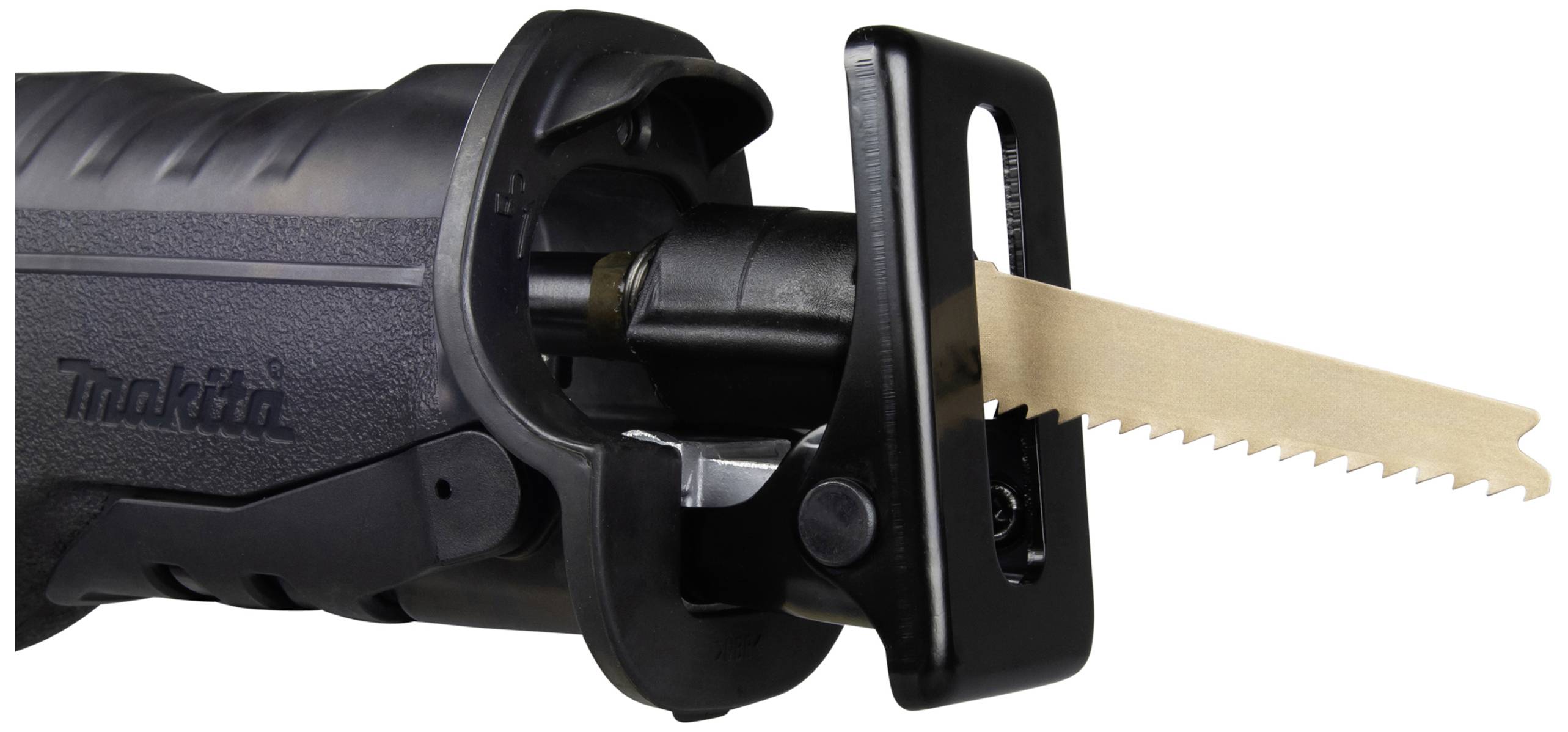 Electric reciprocating saw with blade inserted, left-hand grip view, part of brand name visible.