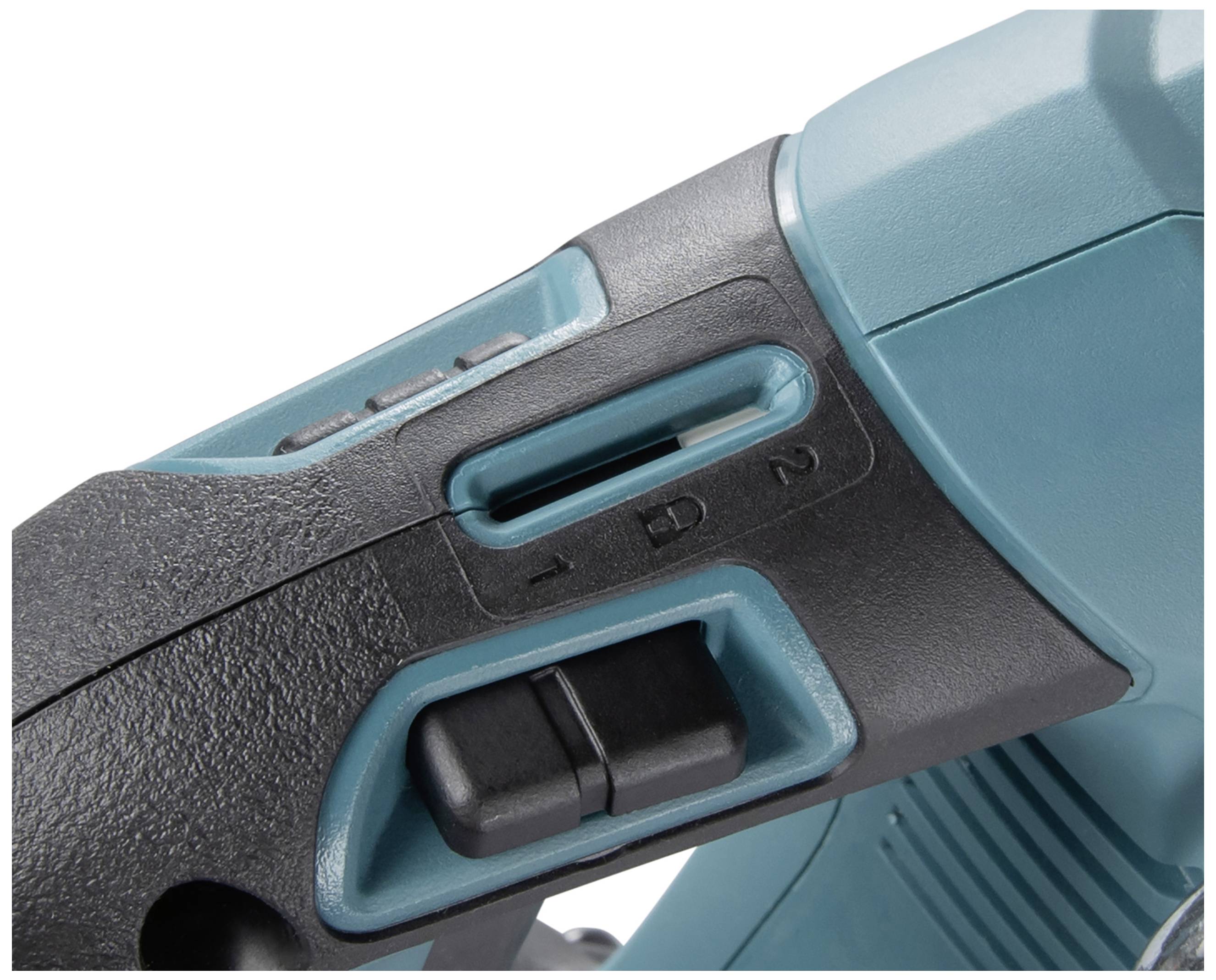 Close-up of a blue-black electric tool with a sliding switch and an arrow indicator for directional settings.