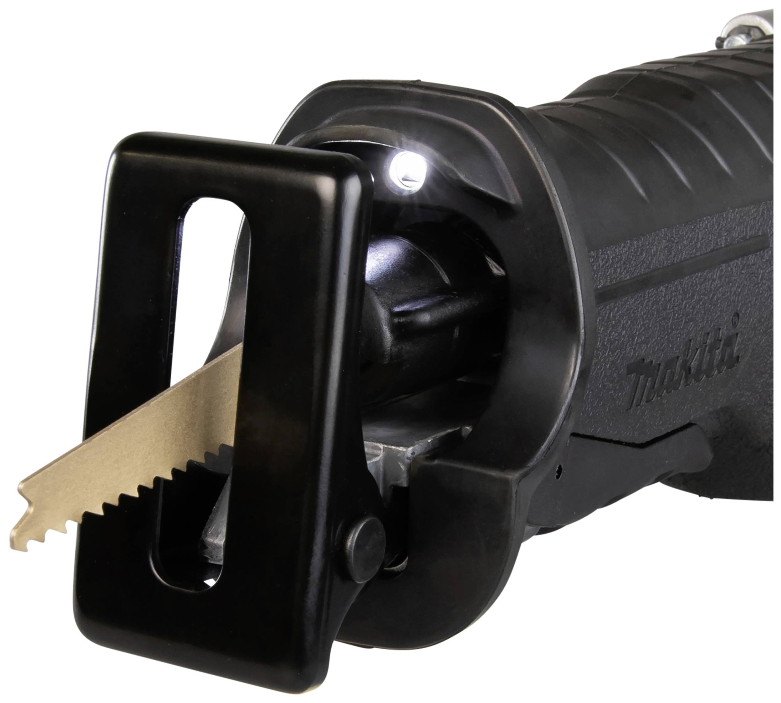 Close-up of an electric fox-tail reciprocating saw with a golden saw blade tip and integrated LED light.